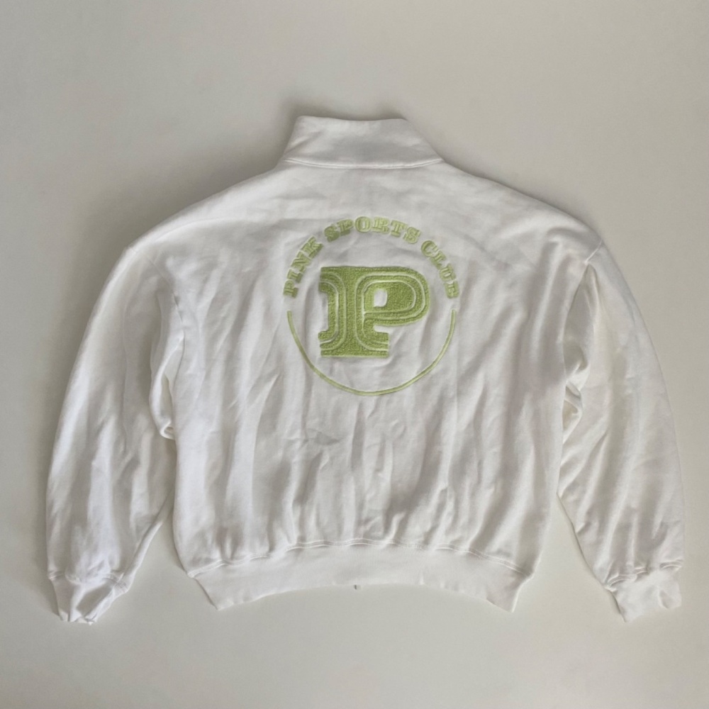 PINK Victoria's Secret Sweater Sweatshirt Full Zip White w/ Green Logo Nwt - Picture 1 of 3